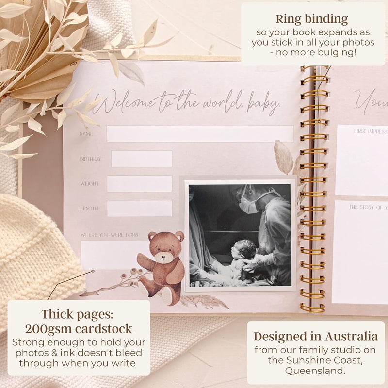 Peachly Unisex Baby Memory Book, Minimalist Baby First Year Keepsake for Milestones, Simple Baby Scrapbook for Boy Girl Milestones, Natural Linen (Haven) - Image 3